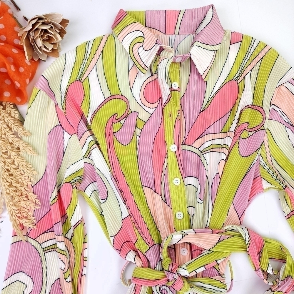 Multicolored Tunic Buttoned Down Belted Dress Sz M - image 2